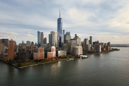 Photo for New York skyline. Manhattan view from New Jersey, New York skyscraper. Aerial view of Big Apple. New York panorama from Hudson. Cityscape landmark. Lower Manhattan NY - Royalty Free Image