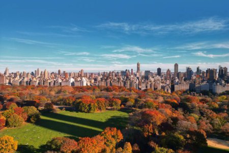 Autumn Central Park in New York with skyscrapers view from drone. Aerial of NYC Central Park panorama in Autumn. Autumn in Central Park. Autumn NYC. Central Park Fall foliage
