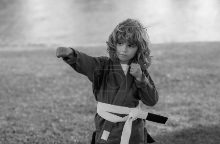 Photo for Kid boy practicing karate outdoor. Sport karate kids. Little boy wearing kimono doing karate in park. Child training box. Little karate fighter. Martial arts for kids. Child in kimono boxing punch - Royalty Free Image
