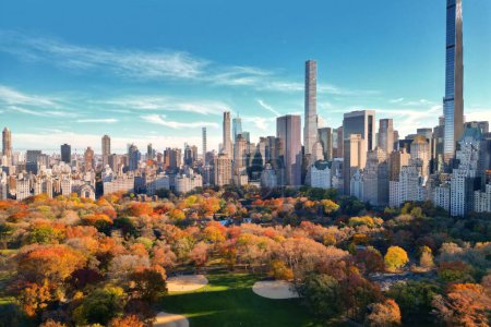 New York City Central Park. Top view with Autumn tree. Autumn Central Park view from drone. Aerial of NY City, panorama in Autumn. Autumn in Central Park. Central Park Fall Colors of foliage