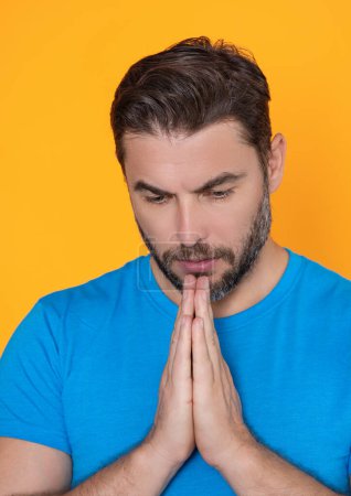 Photo for Man praying. Isolated portrait of male pray. Christian man hand praying, spirituality and religion, man praying to god. Christianity concept - Royalty Free Image