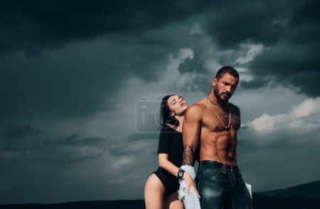 Sensual couple in Love. Passion and sensual touch. Romantic and love. Intimate relationship and sexual relations. Dominant man. I Love You. Couple In Love in sky