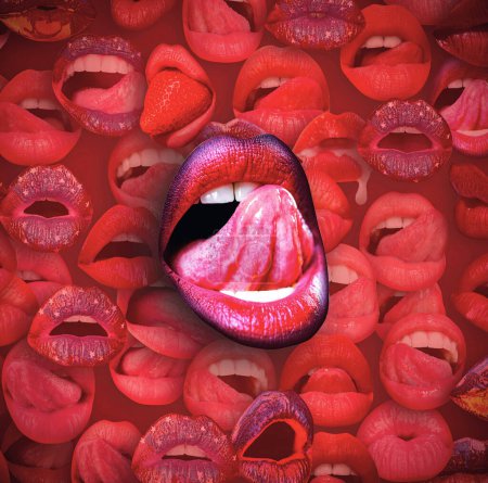 Sexy tongue licking sensual lips. Lips and mouth. Female lip in red background. Woman lips