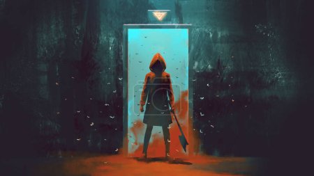 Téléchargez les photos : Mystérieuse personne sous une veste rouge tient une hache devant la porte, style art numérique, illustration peinture - en image libre de droit
