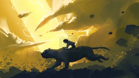 Téléchargez les photos : Un enfant chevauchant sur le dos d'une panthère court dans les montagnes contre les rayons jaunes dans le ciel, style art numérique, peinture d'illustration - en image libre de droit