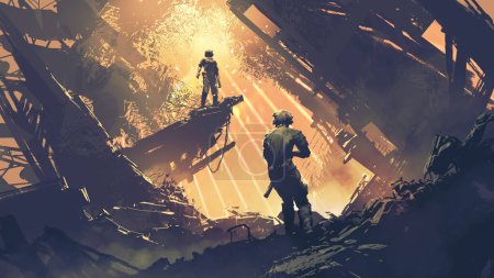 confrontation of two futuristic soldiers in an abandoned building, digital art style, illustration painting