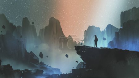 Téléchargez les photos : Man standing on cliff looking mountains view with starry sky, digital art style, illustration painting - en image libre de droit