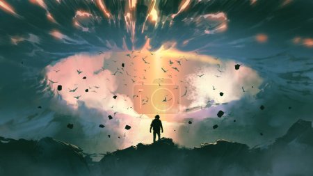 man standing on top of the mountain, looking at the dark sky with beam of light coming from above, digital art style, illustration painting