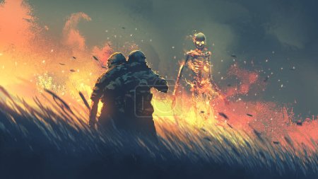 Photo for Soldier carries his teammate through the field and encountering a fire skeleton, digital art style, illustration painting - Royalty Free Image