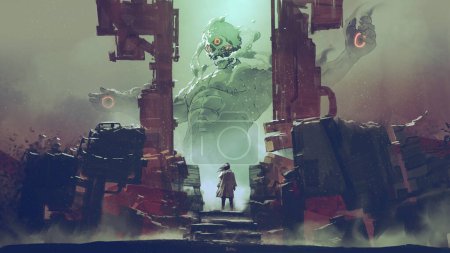 Man standing in front of the entrance looking at the experimental giant on the opposite side, digital art style, illustration painting