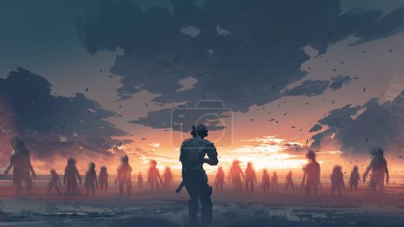 soldat survivant face à une foule de fantômes sur la plage, style art numérique, peinture d'illustration
