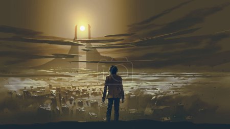 Photo for The man standing looking at the gigantic buildings towering beyond the shattered city. , digital art style, illustration painting - Royalty Free Image