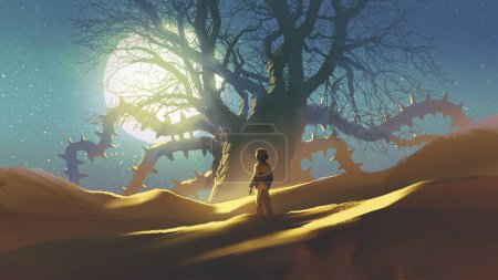 man in the desert looking at a giant thorn tree during a full moon, digital art style, illustration painting