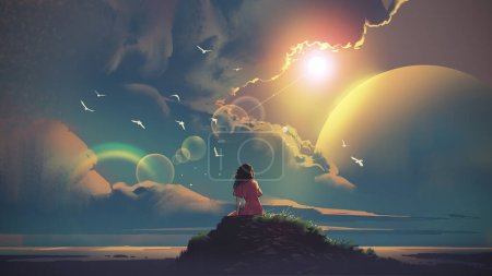 Photo for Woman sitting and looking at the sky, digital art style, illustration painting - Royalty Free Image