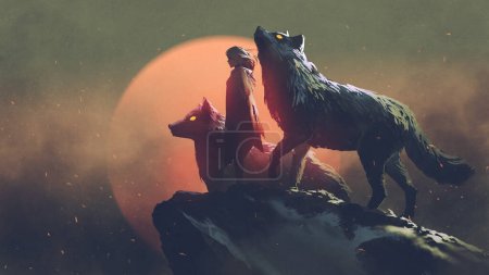 Photo for The woman in the cloak standing with her two wolves, digital art style, illustration painting - Royalty Free Image