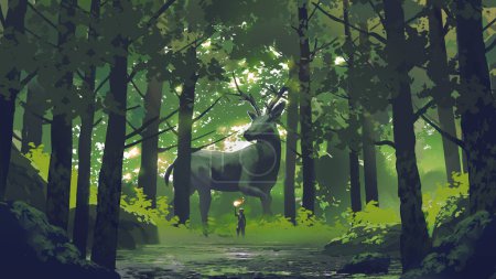Photo for Boy with a torch and his stag standing in the woods, digital art style, illustration painting - Royalty Free Image