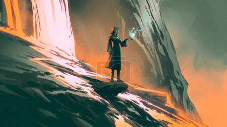 Photo for Witch casting a spell on a volcano, digital art style, illustration painting - Royalty Free Image