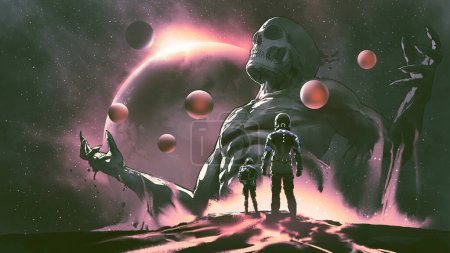 Photo for Two astronauts standing on the planet looking a giant rise from the ground, digital art style, illustration painting - Royalty Free Image