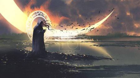 Photo for Evil sorcerer casting a spell to release the black insects from his hands, digital art style, illustration painting - Royalty Free Image