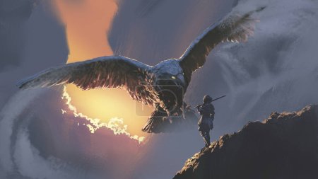 Photo for Giant eagle flying towards the warrior woman, digital art style, illustration paintin - Royalty Free Image