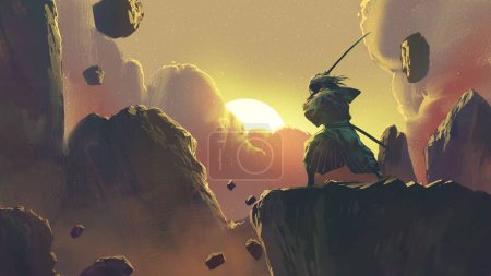 Téléchargez les photos : Samouraï pose avec son épée sur une falaise au coucher du soleil, art numérique style, illustration peinture - en image libre de droit