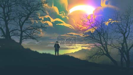 Téléchargez les photos : Homme debout sur la colline regardant le ciel nocturne coloré, style d'art numérique, peinture d'illustration - en image libre de droit
