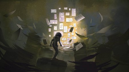 Photo for The child standing on a pile of papers amidst the flying papers looking at some symbols on the wall, digital art style, illustration painting - Royalty Free Image