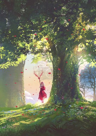 Kobieta w czerwieni trzymająca rogatą włócznię stojącą obok dużego drzewa, cyfrowy styl sztuki, obraz ilustracyjny 