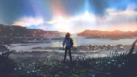 Photo for A traveler stands on a meadow against the background of a landscape with meteors shower sky, digital art style style, illustration painting - Royalty Free Image