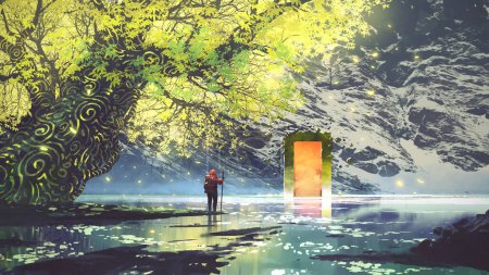 Photo for Traveler under the glowing tree looking at the orange gate in the distance, digital art style, illustration painting - Royalty Free Image