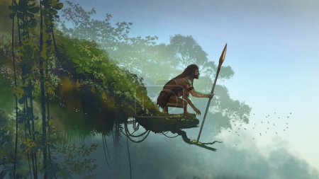Foto de Hombre primitivo con una lanza sentada al final de una rama., estilo de arte digital, pintura de ilustración - Imagen libre de derechos