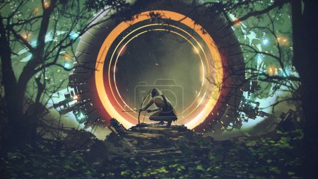 Photo for Primitive man looking at the futuristic machine in the deep forest, digital art style, illustration painting - Royalty Free Image