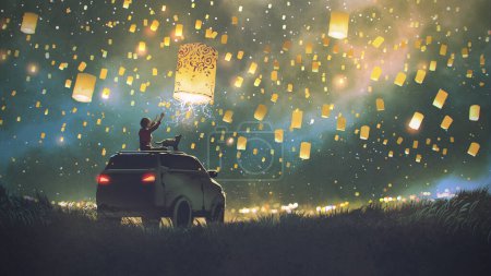 Photo for Young woman with her dog sitting on the roof of a suv car release lanterns, digital art style, illustration painting - Royalty Free Image
