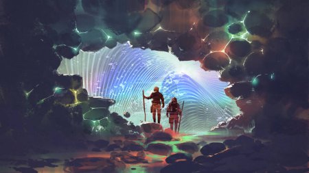 Téléchargez les photos : Deux explorateurs sortent de la grotte et se dirigent vers un autre lieu, style art numérique, peinture d'illustration - en image libre de droit
