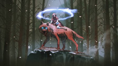 Photo for Young womwn in a red hood sits on the back of a red wolf, digital art style, illustration painting - Royalty Free Image