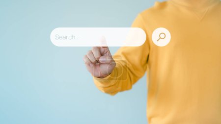 Foto de Information Search Technology SEO Search Engine Optimization. Search button on virtual screen pressed with finger for data and information. Using Search Console with your website. Web search concept. - Imagen libre de derechos