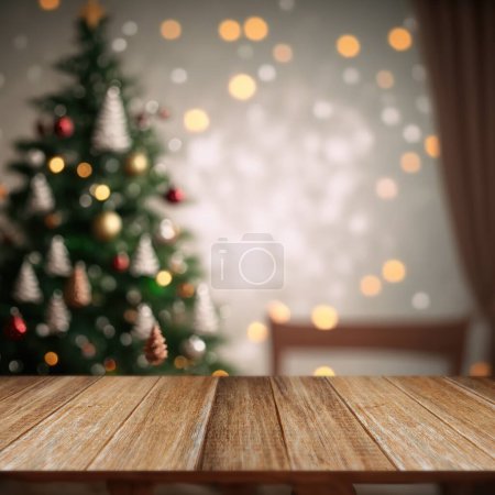 Photo for Empty christmas table background with christmas tree out of focus. - Royalty Free Image