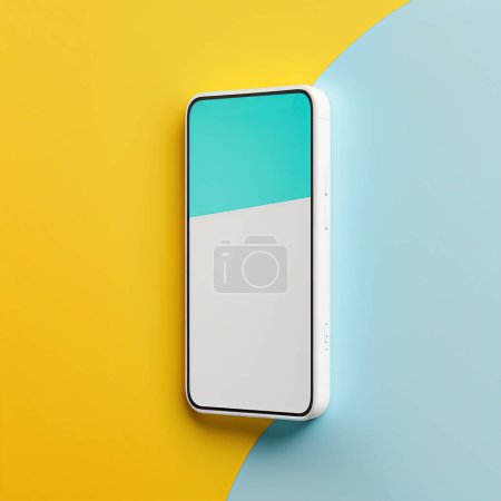 Photo for White new technology smartphone mockup design on Yellow and soft blue background. 3D rendering. - Royalty Free Image