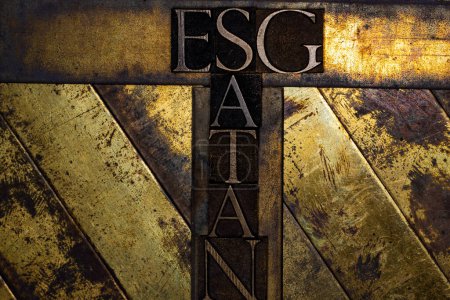 ESG Satan text with on grunge textured copper and gold background