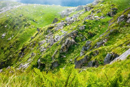 Photo for Rocky mountains with steep valley and green grass. Beautiful mountains peaks landscapes. Shrikhand Mahadev Kailash Himalaya Yatra. Himachal Pradesh India. - Royalty Free Image