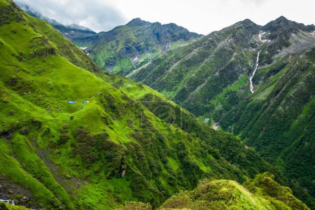 Photo for Beautiful mountains peaks and waterfalls in the background. Shrikhand Mahadev Kailash Himalaya Yatra. Himachal Pradesh India. - Royalty Free Image