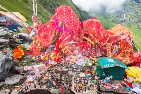 Photo for July 14th 2022, Himachal Pradesh India. Goddess Kali, a Hindu deity worship place at Kali top. Shrikhand Mahadev Kailash Yatra in the Himalayas. - Royalty Free Image