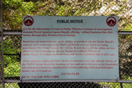 Photo for July 5th 2022 Katra, Jammu and Kashmir, India. A Public Notice board issued by the Shri Mata Vaishno Devi Shrine Board addressing do's and don'ts about the booking process of the pilgrimage. - Royalty Free Image