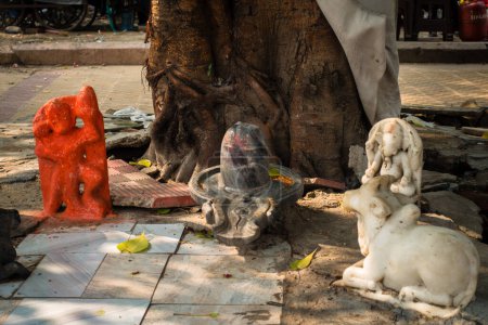 Photo for July 8th 2022 Haridwar India. Shiva Linga with other sacred and holy god statues under a bodhi or peepal tree. - Royalty Free Image