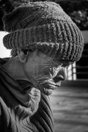Photo for Oct.14th 2022 Uttarakhand, India. Captivating monochrome profile of a wise Indian senior woman adorned with a cap, showcasing the beauty of aging gracefully - Royalty Free Image