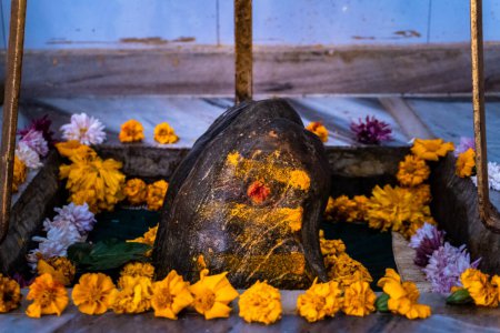 Sacred Shiva Shila Close-Up at Ekeshwar Mahadev Temple, Pauri Garhwal, Uttarakhand, India - Hindu Culture and Religion