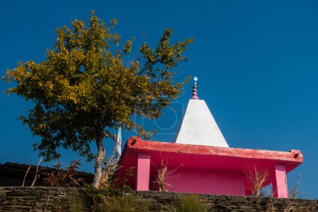 Hilltop Temple Serenity: Clear Skies & Greenery, Uttarakhand, India