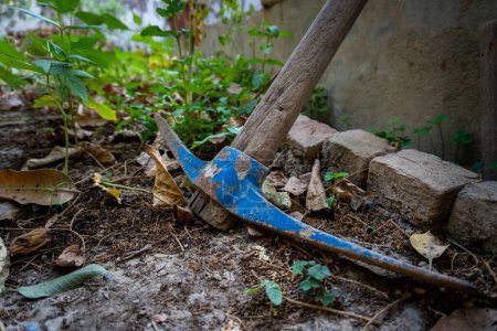 A pickaxe, or pick is a generally T-shaped hand tool used for prying. Garden tools in an organic Indian farmland, traditional farming practices.