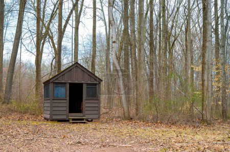 Holzhütte auf dem Zeltplatz im Wald mit hohen Bäumen. Die Haustür steht offen. Jagdhütte mit rustikalen Fenstern. Verlassen. Herbstblätter auf dem Waldboden. Keine Menschen, Kopierraum.