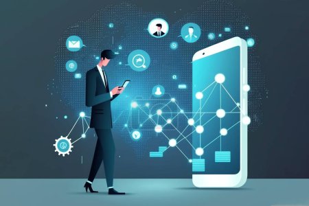 Foto de Buisnessman using smartphone with finance and business icons in flat style. High quality photo - Imagen libre de derechos
